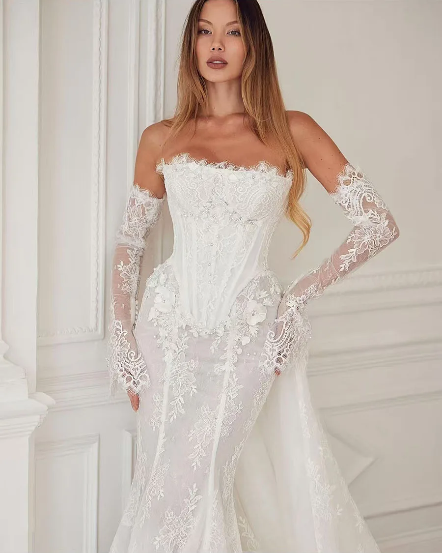 Elegant Wedding Dresses Mermaid Lace Bridal Gowns Strapless Sleeveless with Detachable Train Robes Vestidos De Novia 2025