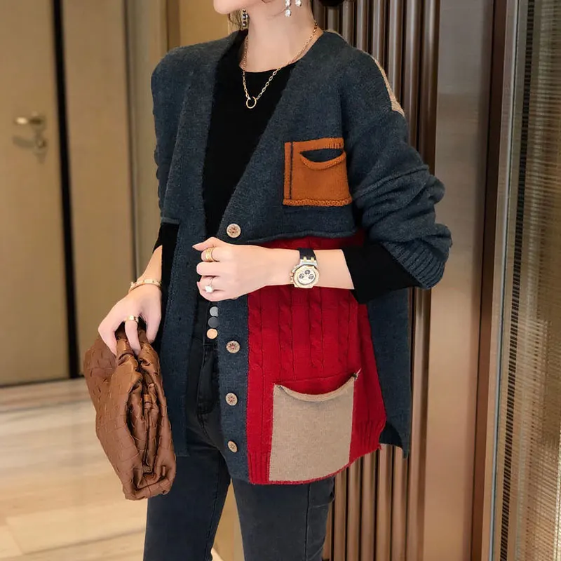 Autumn Winter Streetwear V-Neck Single-breasted Sweaters Loose Female Clothing All-match Spliced Pockets O-Neck Knitted Cardigan