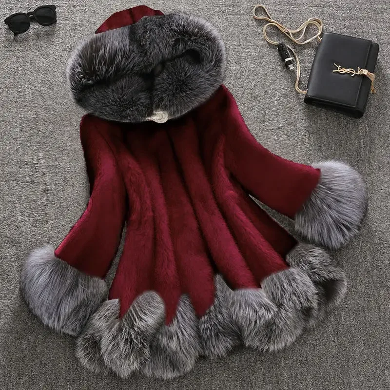 Faux Fur coat Women autumn and winter Mink coat Fox fur collar Hooded jacket top Fur female christmas clothes-16
