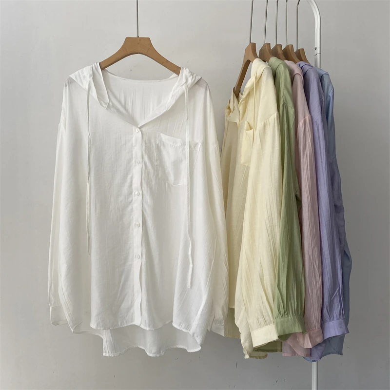 Koreaanse geplooide stof dames zomer casual lichtgewicht airconditioning zonwering irt jas lange Sve capuchon halflange lengte