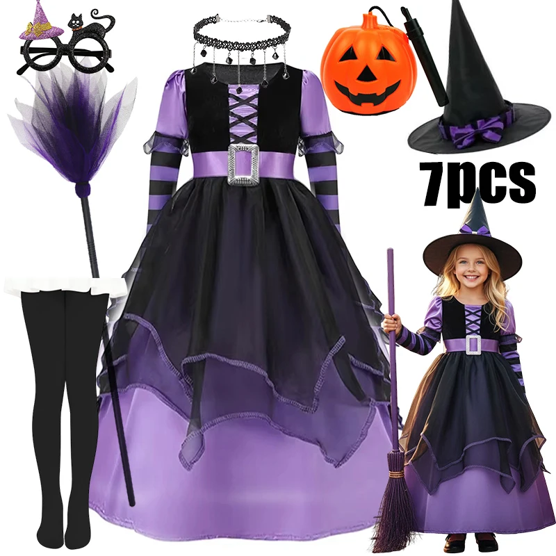 Kids Girls Cosplay Halloween Purple Witch Dress Children Costumes Gothic Clothes for Carnival Party With Hat Broom Bird Outfits