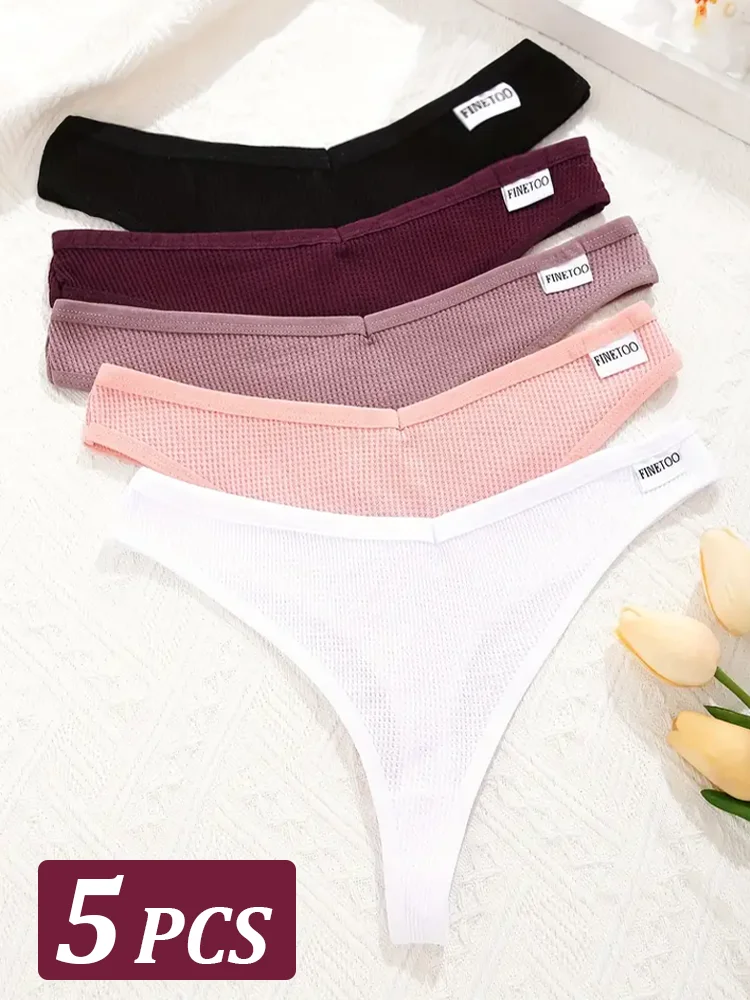 NEW 5Pcs Cotton Waffle Women Style G-string Panties Ladies Soft Thongs Female S-XL Low-Rise T-Back Panties Bikini Underwear 2024