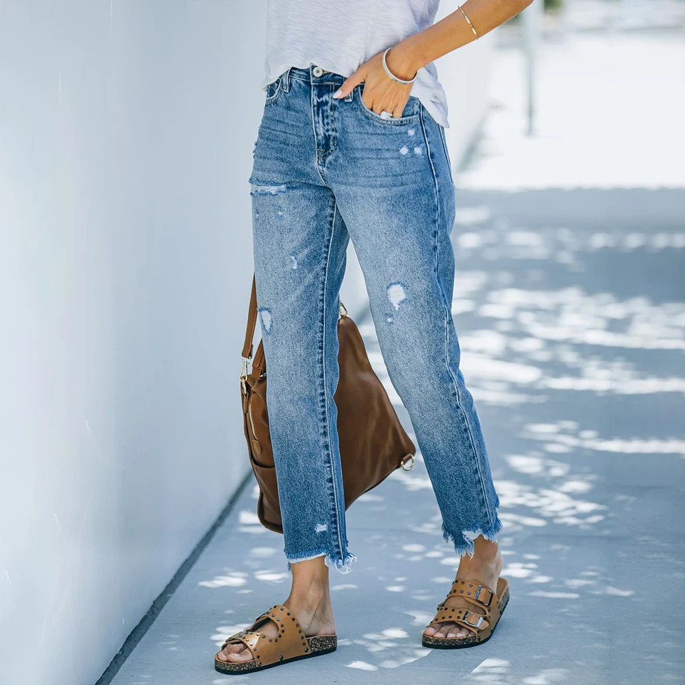 ارتفاع الخصر ممزق الدينيم النساء السراويل سراويل أنيقة عادية سليم اقتصاص مستقيم الجينز الملابس النسائية S M L XL XXL #3