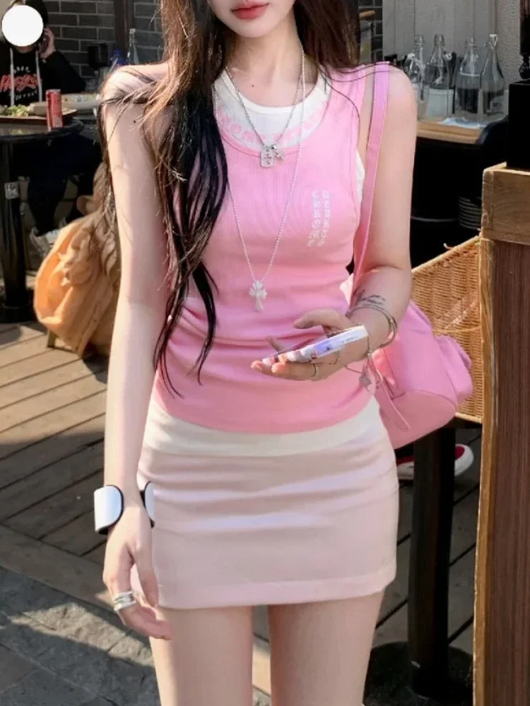 Summer Sweet Slim O Neck 3 Piece Set Women Design Chic Natural Solid Sling Vest Female Fashion Y2k High Waist A Line Dress New