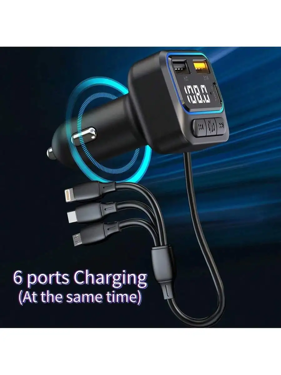 

6-Port Car Charger With FM Transmitter, Bluetooth Music, Handsfree Call, PD 25W, 3-In-1 Cable For iPhone & Android