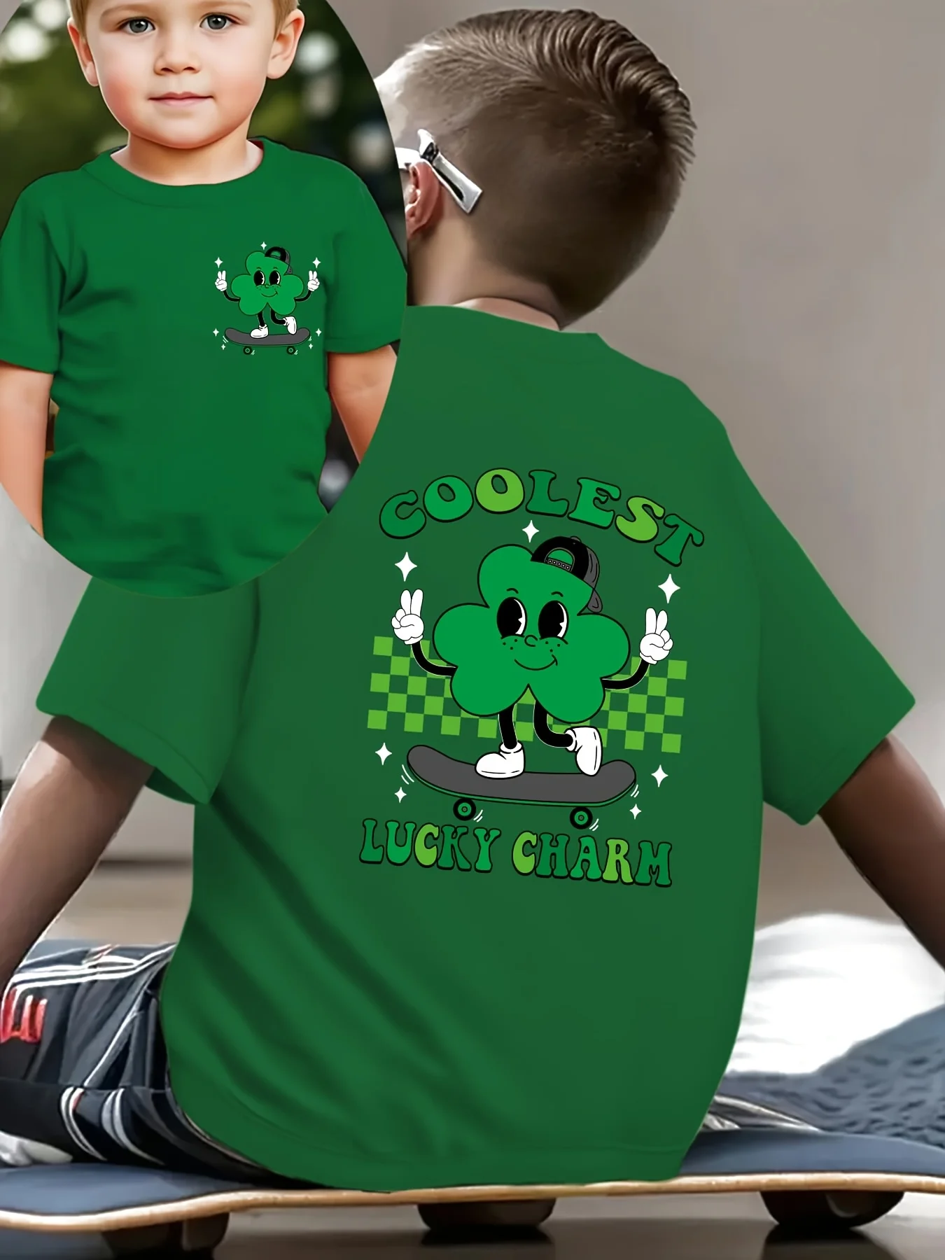 'Boys‑St‑Patricks‑Day‑COOLEST‑LUCKY‑CHARM‑Double‑Sided‑Print‑Skate‑Boy‑Shamrock‑Crew‑Neck‑Short‑Sleeve‑Kids‑T‑Shirt