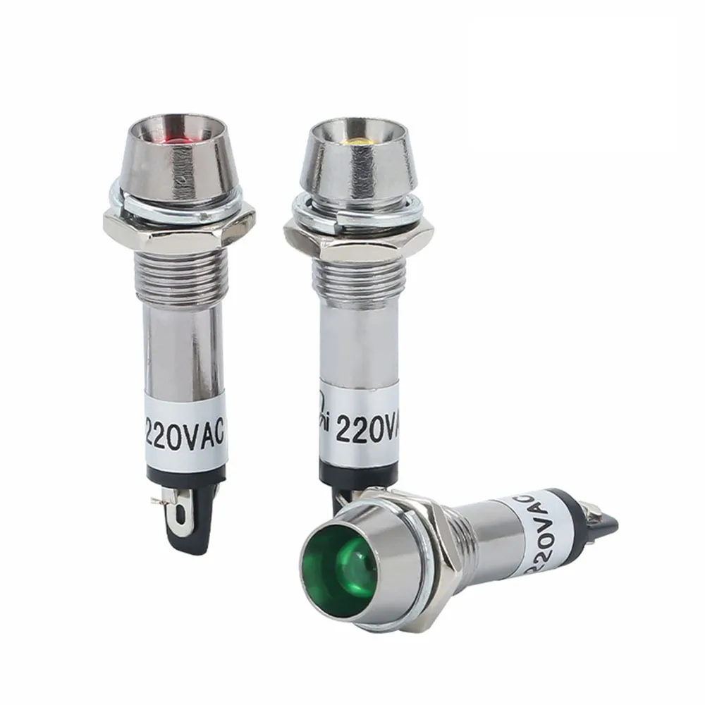 Luces indicadoras de Metal LED, lámpara de señal impermeable y de señal LED convexa, XD8-1, 5 colores, 12V, 24V, 220V, 8mm, 10 Uds.