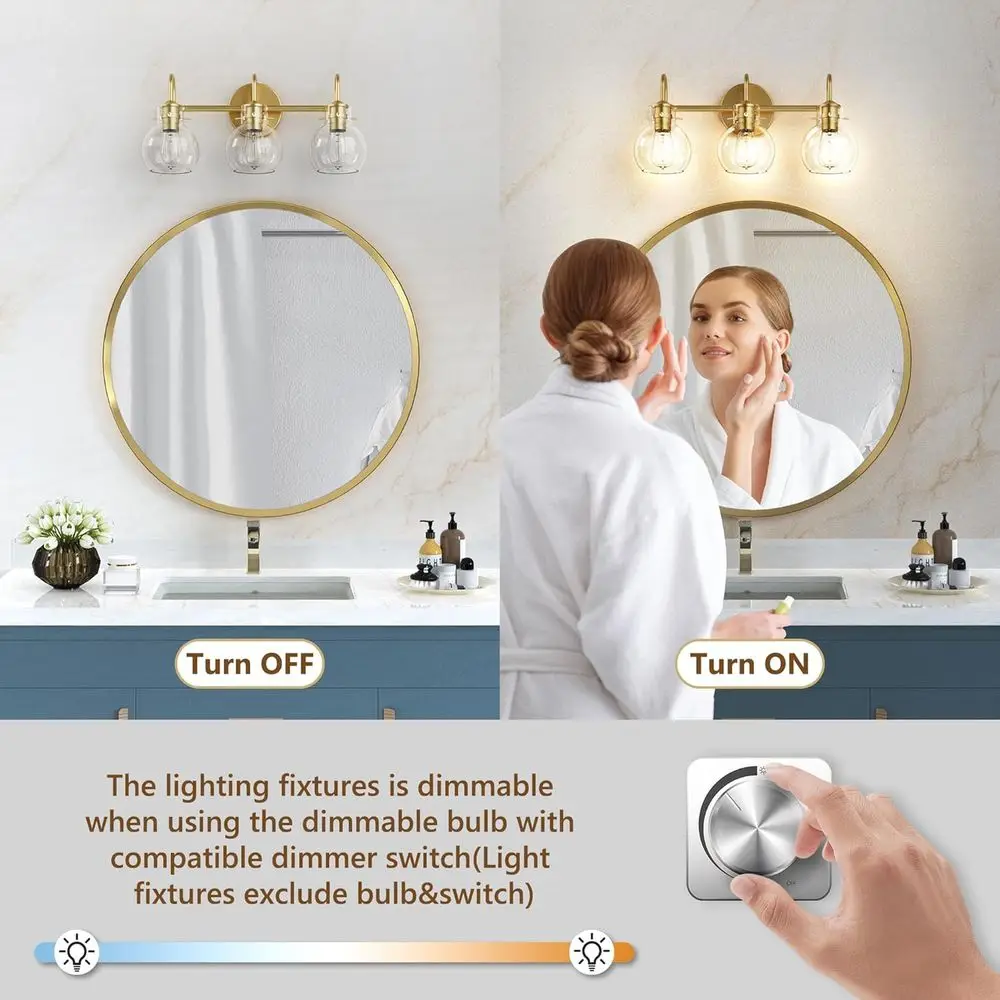 Современный туалетный столик из прозрачного стекла с 3 лампами и золотыми бра для ванной комнаты, основание E26