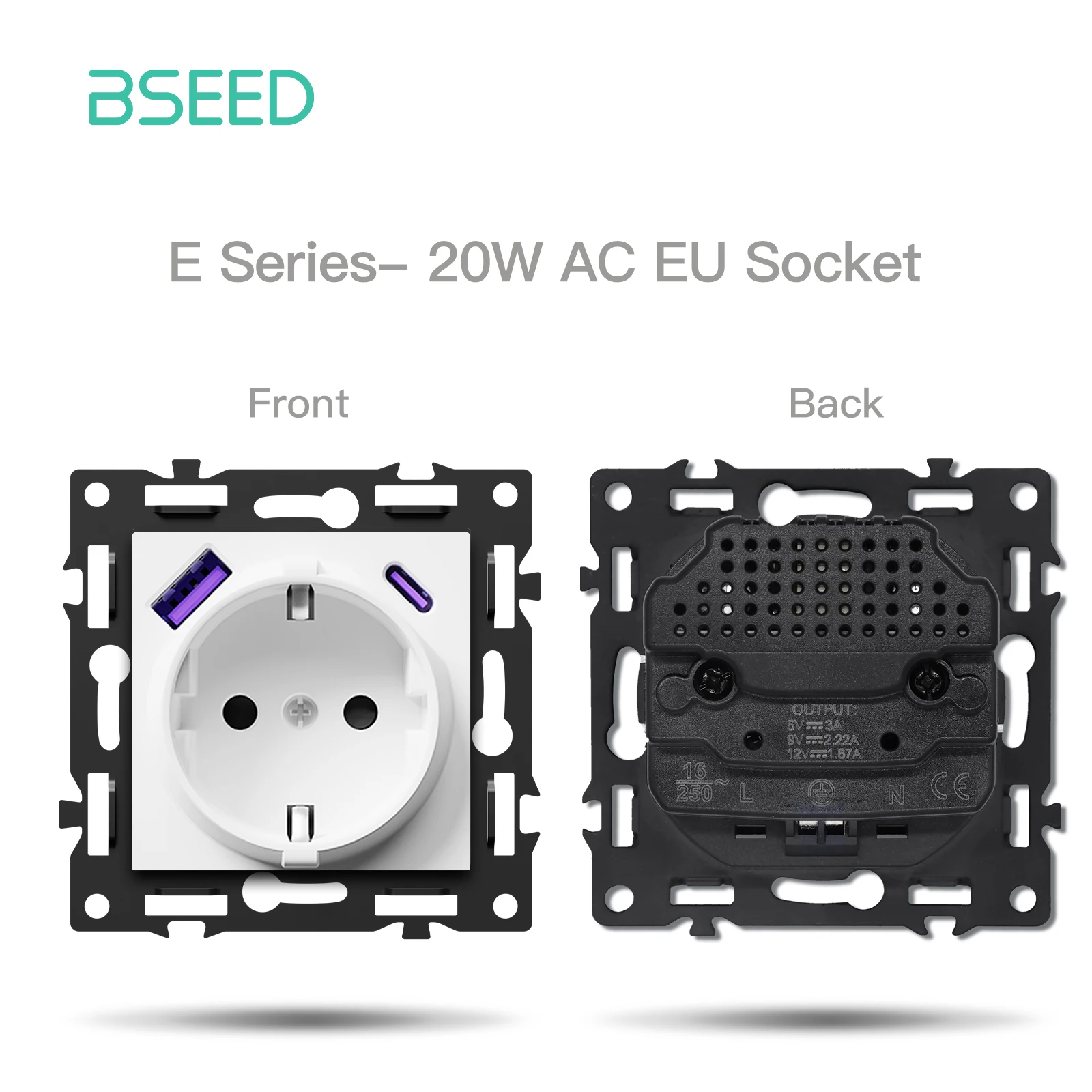 Bseed E-Serie 86mm DIY-Module EU FR Typ-C USB-Buchse Dimmer Geschwindigkeitsregler Vorhangschalter ST TV RJ56 CAT6 Kabelausgang Lochteil