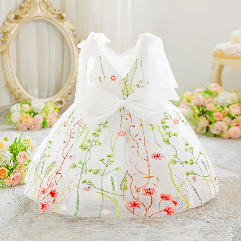 

Baby Girls Embroidery Tulle Dress Kids Toddler 3D Flower Children Clothing Girls Wedding Party Gown Dress