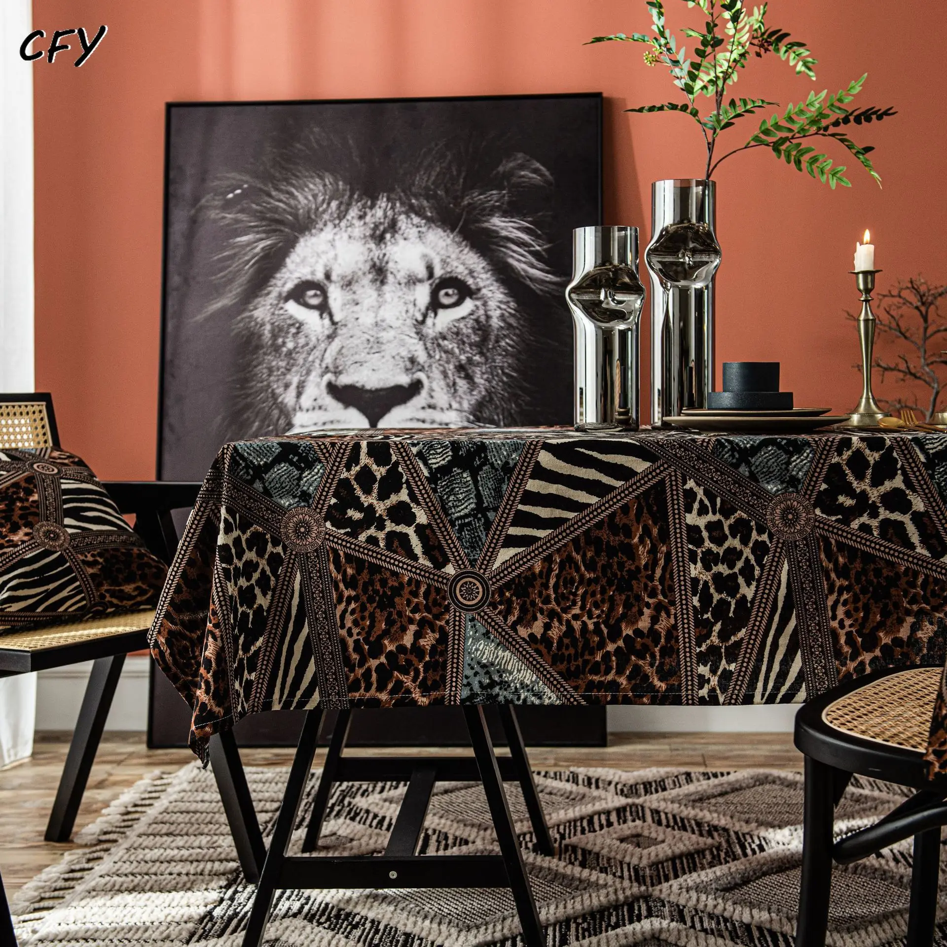 

Cotton Linen American Rural Leopard Print Geometric Triangle Rectangular Table Cloth Kitchen Table Map Towel Tablecloth
