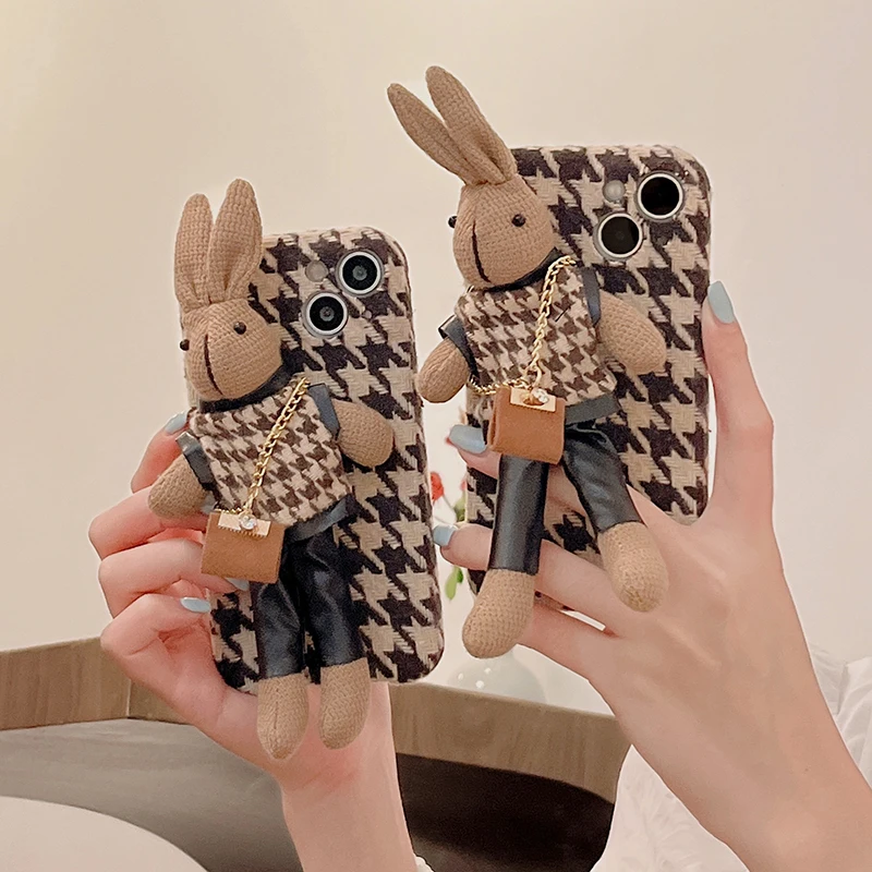 Brown Plush Toy Bunny Phone Case for IPhone 16 15 14 13 12 11 Pro Max Ins Creative Drop Resistant Fabric Back Case