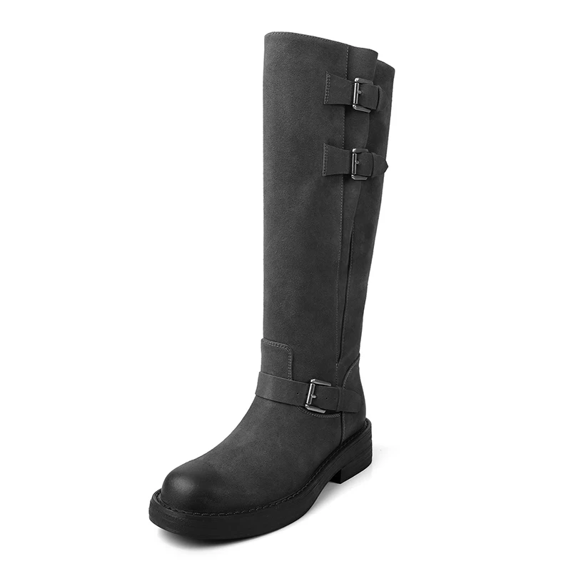 Woman Mid Calf High Boots Cow Suede Fashion Shoes Spring Autumn Ladies Boots Sip On Gray BrownWinter Shoes Round Toe