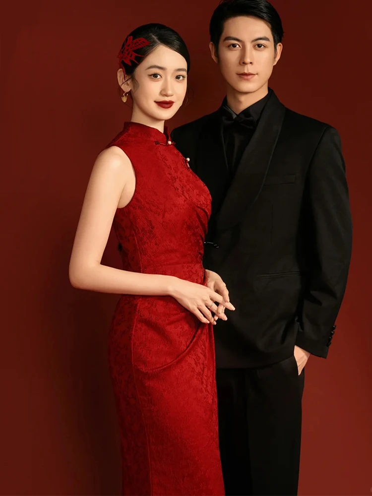 

Красное вечернее платье Dr Ele для женщин, с завышенной талией, облегающее, в китайском стиле, для свадьбы