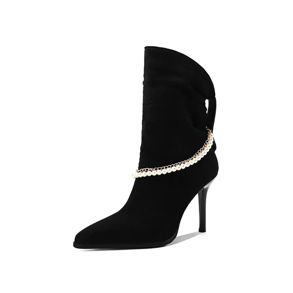 2025 شتاء جديد أنيق أسود المشمش النساء منتصف العجل الأحذية أشار تو عالية الكعب سيدة أحذية رسمية حجم كبير 12 43 46 48