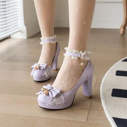 YQBTDL Autumn New Ladies Heels Platform Cute Bow Lace Princess Mary Jane Lolita Shoes Party Buckle Girls Sweet Women Pumps 2022