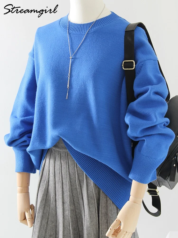 Basic Sweaters For Women Oversize O Neck Knitted Pullovers Autumn Winter Loose Tops Women's Jumper Light Blue Sweaters Oversized