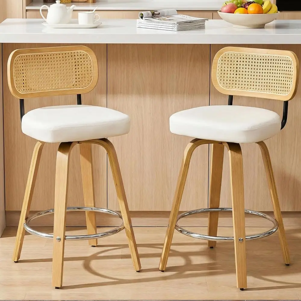 

Upholstered PU Leather Bar Stools Set of 2, Counter Height with Backrest and Swivel, Suitable for Kitchen Island and Dining Room