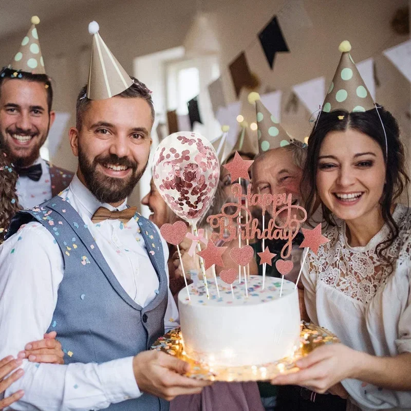 1 conjunto de glitter feliz aniversário bolo topper confetes balão coração estrela cupcake sobremesa decoração chá de bebê decoração do bolo suprimentos