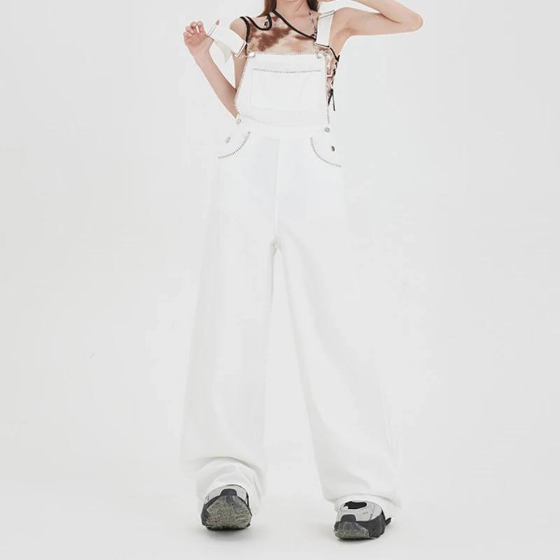 White broad-legged overalls n-style retro new style design feeling small crowd with loose bf wind one-piece pants