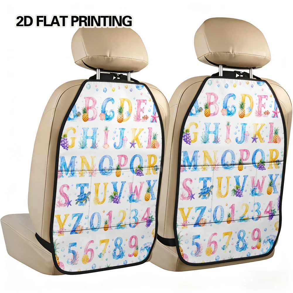 2D Flat, 2pcs Back Seat Car Organizer Mats With Deep Pocket Layout, Back Seat Car Organizer, Tropical Ocean Alphabet Design, Fol