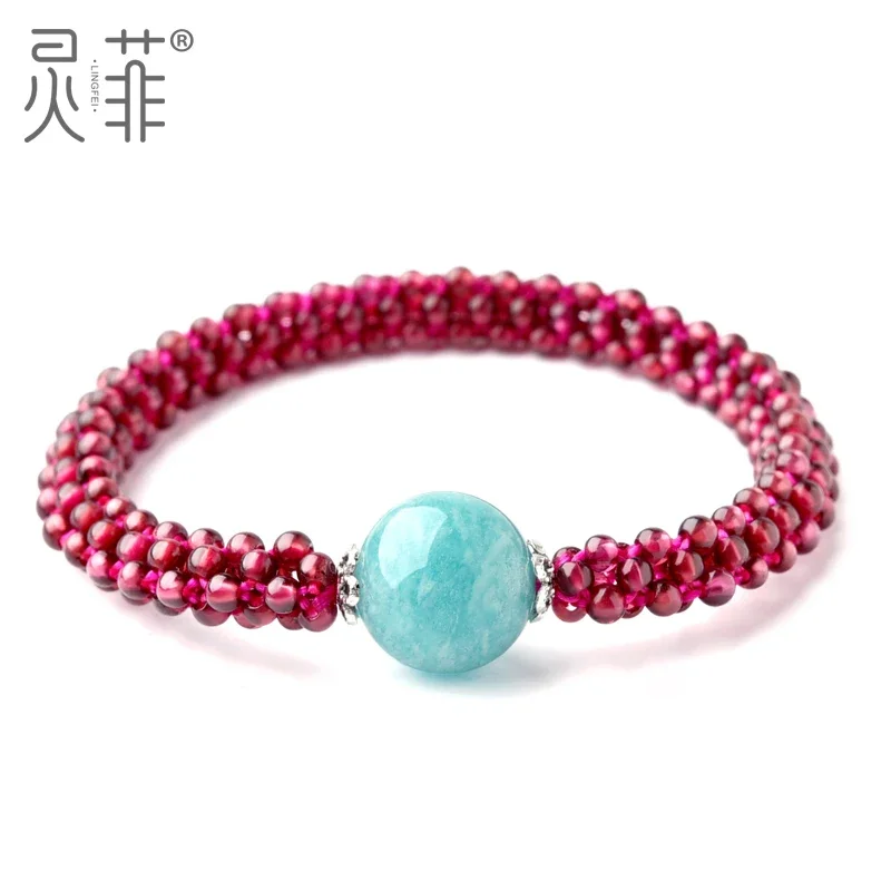 Natural Garnet Amazonite Creative Bracelet Women's Niche Light Luxury Exquisite Handmade Woven Beads Ladies Hand Jewelry Gift