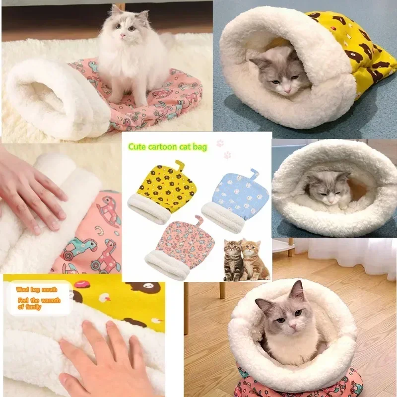 Winter Cat Nest Sleeping Bag Lamb Wool Drill Hole Nest Semi Enclosed Kitten Nest Small Dog Bed Blanket Big Cat Pet Sleeping Bags