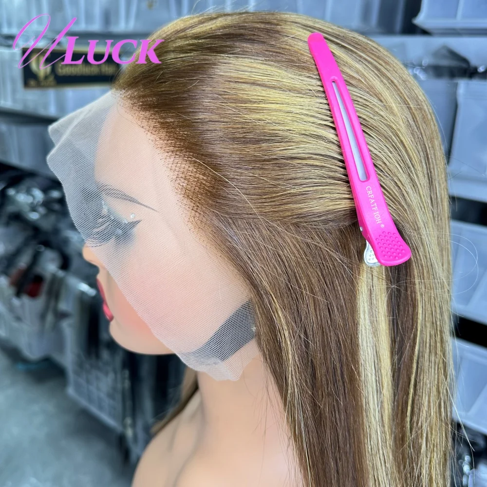 Uluck ダブルドローン ショートストレートボブウィッグ 13x4 レースフロントウィッグ ハイライト P4/27 人毛ウィッグ 200%密度 生え際処理済み