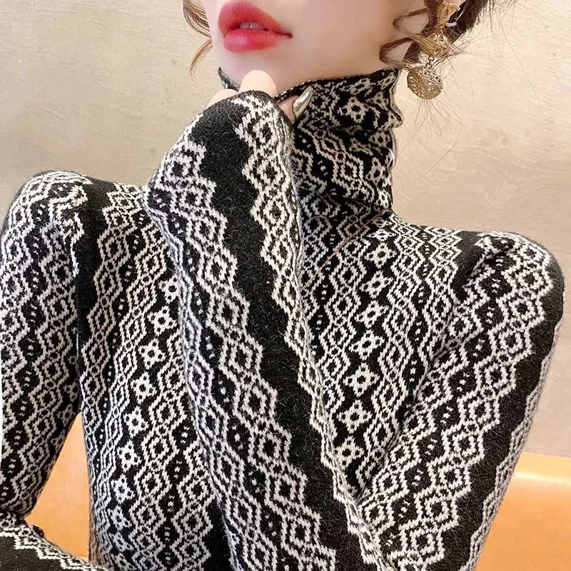 Women Slim Classic Vintage Jacquard Turtleneck Sweaters Spring New Long Sleeve Knitted Fashion Elastic Pullovers Female Top