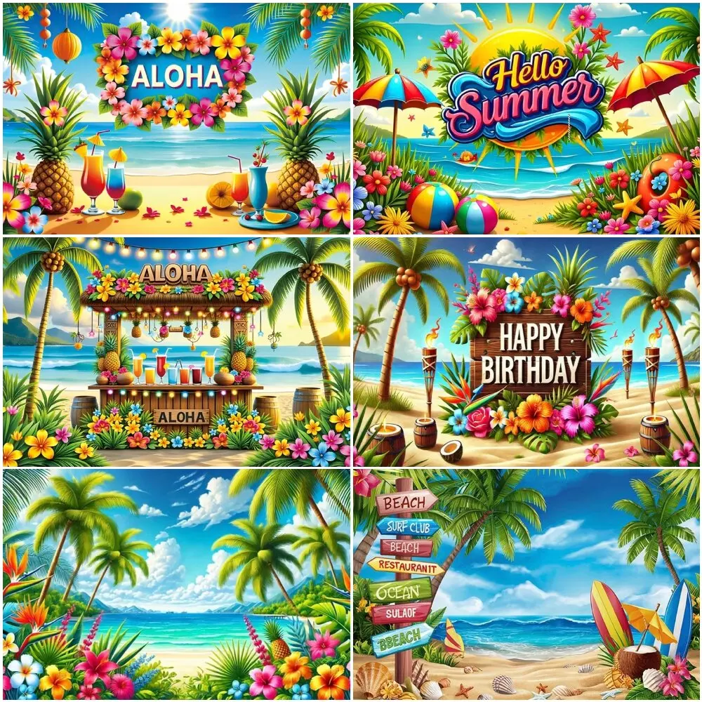 

Aloha Hawaiian Summer Beach Backdrop Tropical Happy Birthday Party Photography Background Luau Tiki Bar Decor for Photo Booth