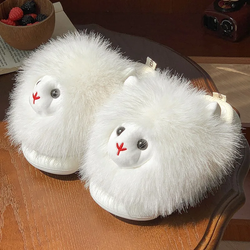 

2024 new lovely White alpacas furry slippers women flip flops winter warm plush indoor fluffy home slippers mule shoes