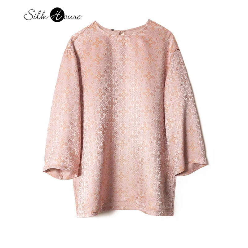 

2025 Women's Early Autumn New 100% Natural Mulberry Silk Song Brocade Pink Four in One Pattern Round Neck Long Sleeve T-shirt