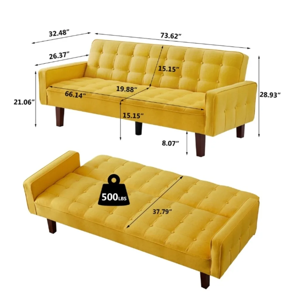 74" Square Arm Futon Convertible Sofa Bed for Home Office, Button-Tufted Back