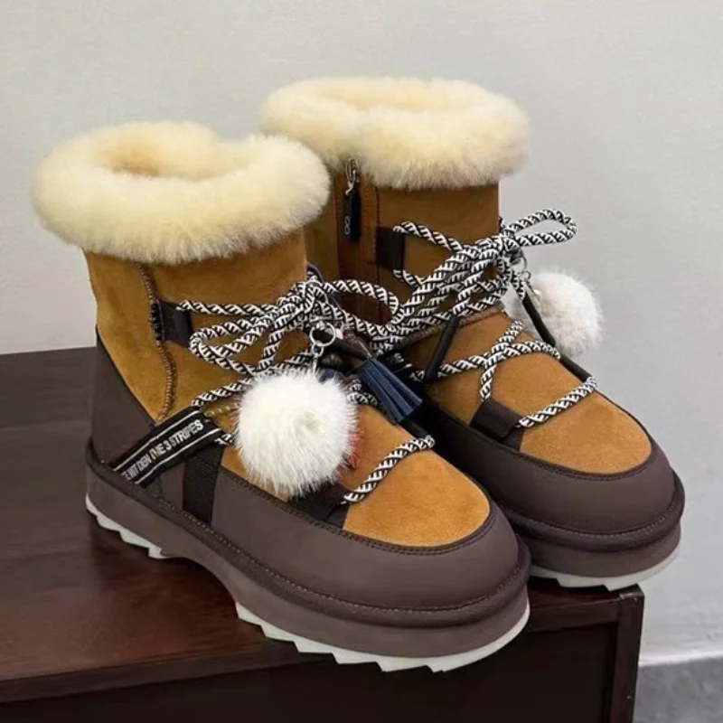 Плюшевые теплые зимние ботинки для женщин, модная короткая толстая нескользящая спортивная обувь, ботильоны на молнии со шнуровкой, толстая подошва, шнурок с подвеской