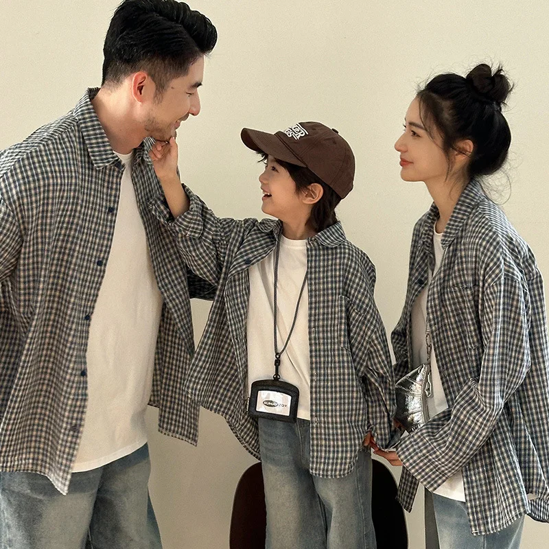

Matching Family Plaid Shirts Dad Mom and Boys Girls Fashion Clothes Korean Father Mother and Daughter Son Same Clothing Jacket