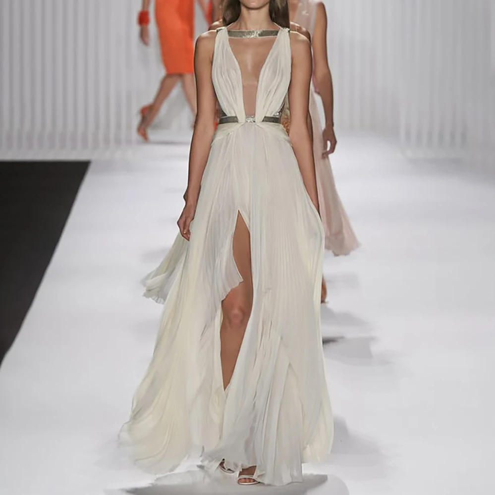 

Greek Ruched Chiffon Evening Dresses Sleeveless Empire Waist Maxi Party Gown with High Slit Elegant A-line Goddess Dress