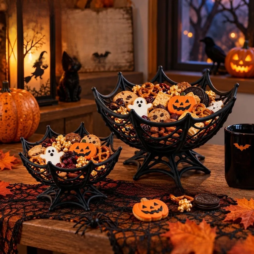 Hollow Out Halloween Spider Web Basket Creative Reusable Snacks Bowl Desk Ornaments Plastic Fruits Plate Bowl Party Decoration