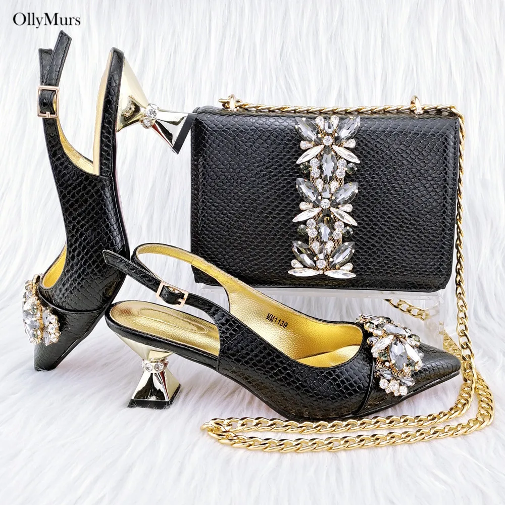 

Fashion Elegant Rhinestone Woman Sandal Shoes And Matching Bag Set Italy Style Pumps Shoes And Bag Set For Party Size 38-43