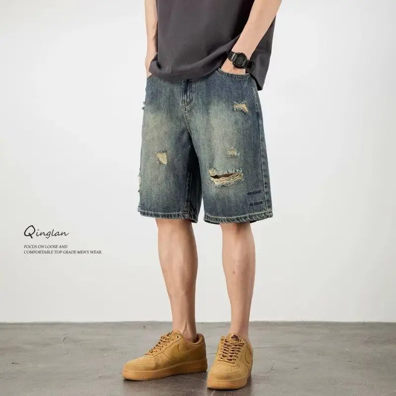 

Рваные шорты в американском стиле, мужские летние новые уличные модные винтажные свободные повседневные брюки, мужская мода