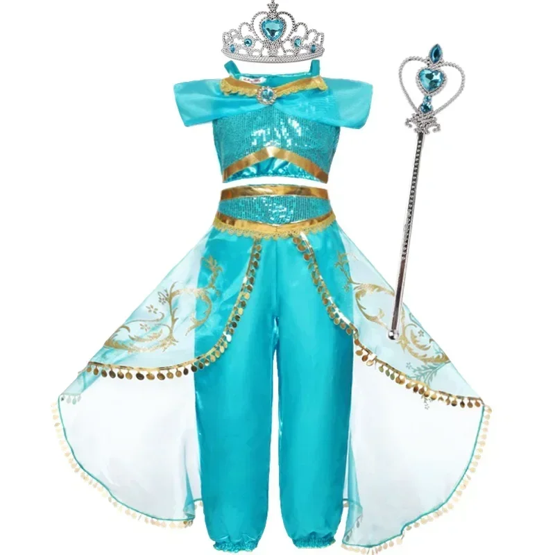 Girls Cosplay Jasmine Costume Aladdin Princess Dress Kids Magic Lamp Fancy Birthday Party Dress Jasmine Halloween Dress Up 3-10Y