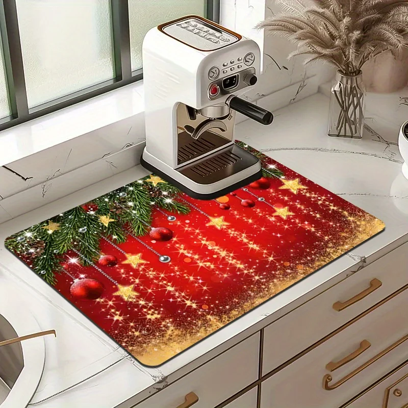 Christmas Dish Drying Mat Absorbent Kitchen Counter Mat Red Festive Christmas Tree Baubles Sparkle Countertop Drainer Pad