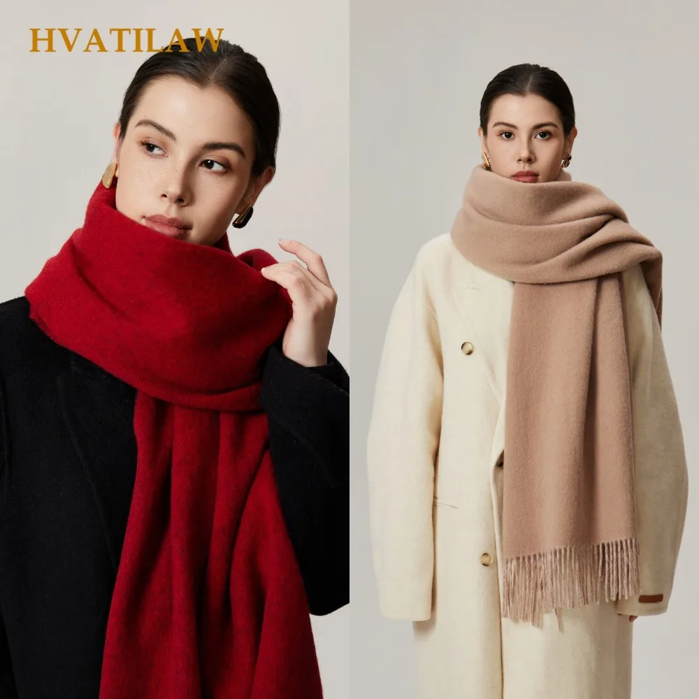 100% Wool Solid Color Scarf Men Women Winter Warm Thick Soft Cozy Double Layer Shawl Wrap Pashmina Long Neckerchief Pashminas