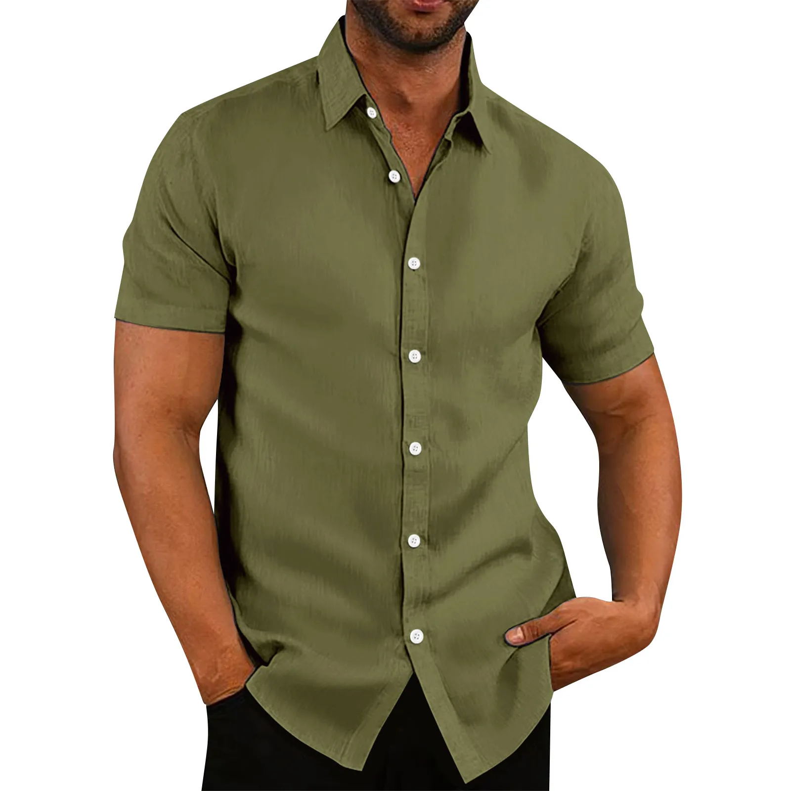 

Cotton Linen Shirt Men Short-sleeved Lapel Shirts Summer Solid Color Casual Beach Top Plus Size Male Shirts 2024 New
