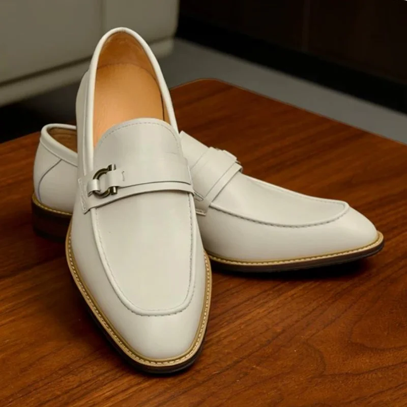 New Summer Breathable Buckle Loafers Man Slip-on Business Casual Shoes Top-layer Cowhide Leather Shoes Men's Dress Shoes