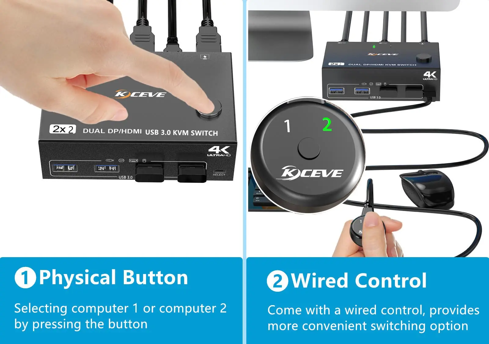 KCEVE DP HDMI USB 3.0 Dual Monitors Displayport KVM Switch,Supports 4K@60Hz for 2 Computers Share Keyboard Mouse and Monitor