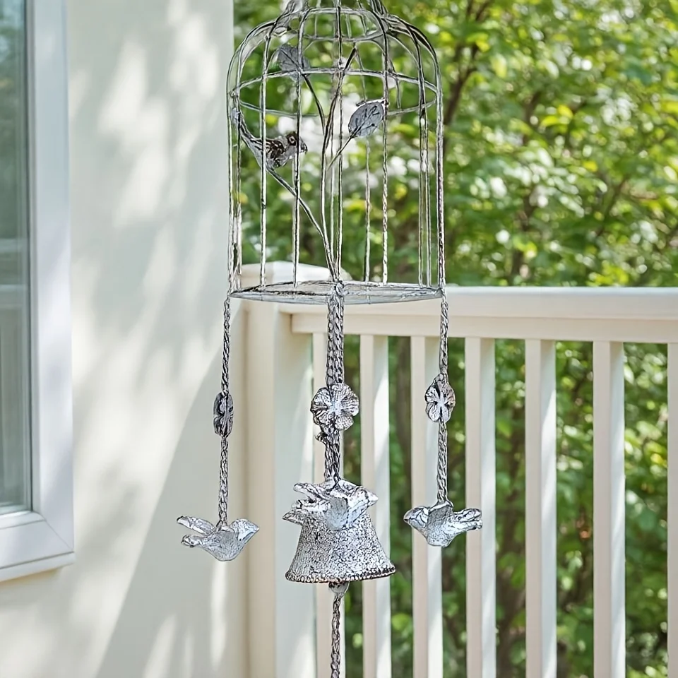 

Collectible Figurines Birdcage Bell Retro Decor Cast Iron Bird Pendant Hanging Ornament For Garden Courtyard Villa Balcony Decoration