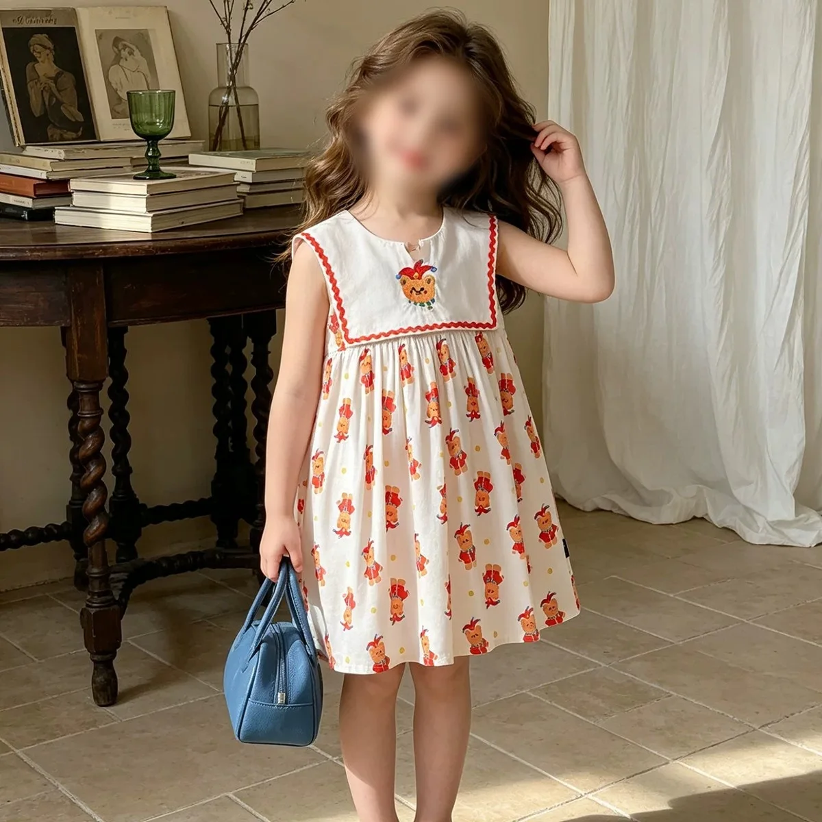 Girls' Navy Collar Cartoon Bear Dress 2026 Summer New Baby Tank Top Skirt Korean Version Children's Princess Skirt