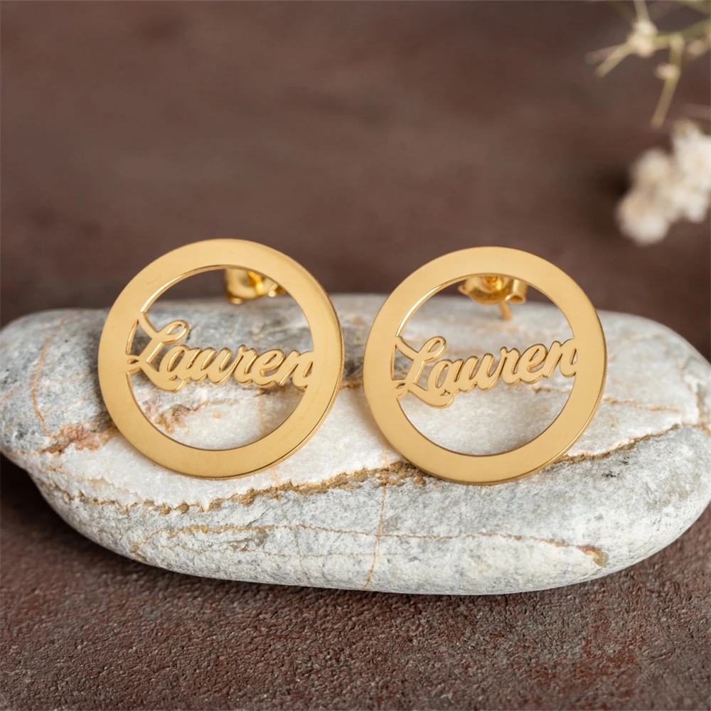 

Custom Name Stud Earrings Personalized Name Hoop Earrings for Women Fashion Jewelry Stainless Steel Circle Aretes Para Mujer