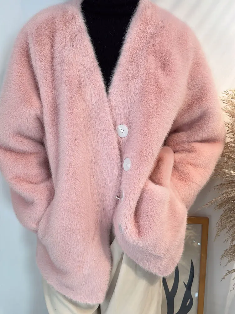 女性用Vネックフェイクレザーコート,厚手のカーディガン,暖かいジャケット,ミンクの毛皮のジャケット,コーヒーグレー,ピンクと白,ルーズなファッション,冬
