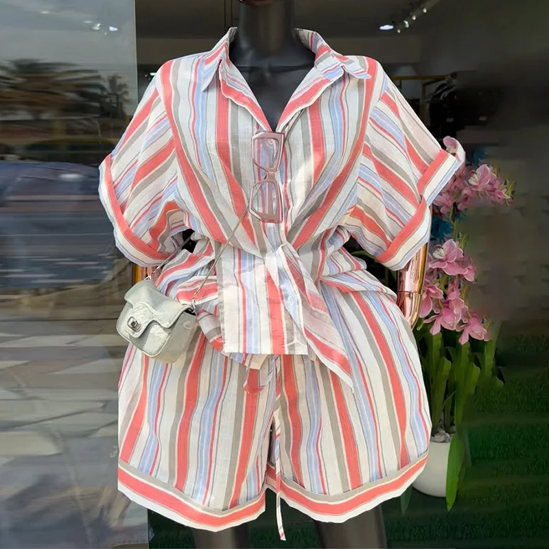 

Shorts Pant Set Women Two Piece Sets Turn Down Collar Shirt Striped Tops Short Pants Lace Up High Waist Y2k Streetwear 2026